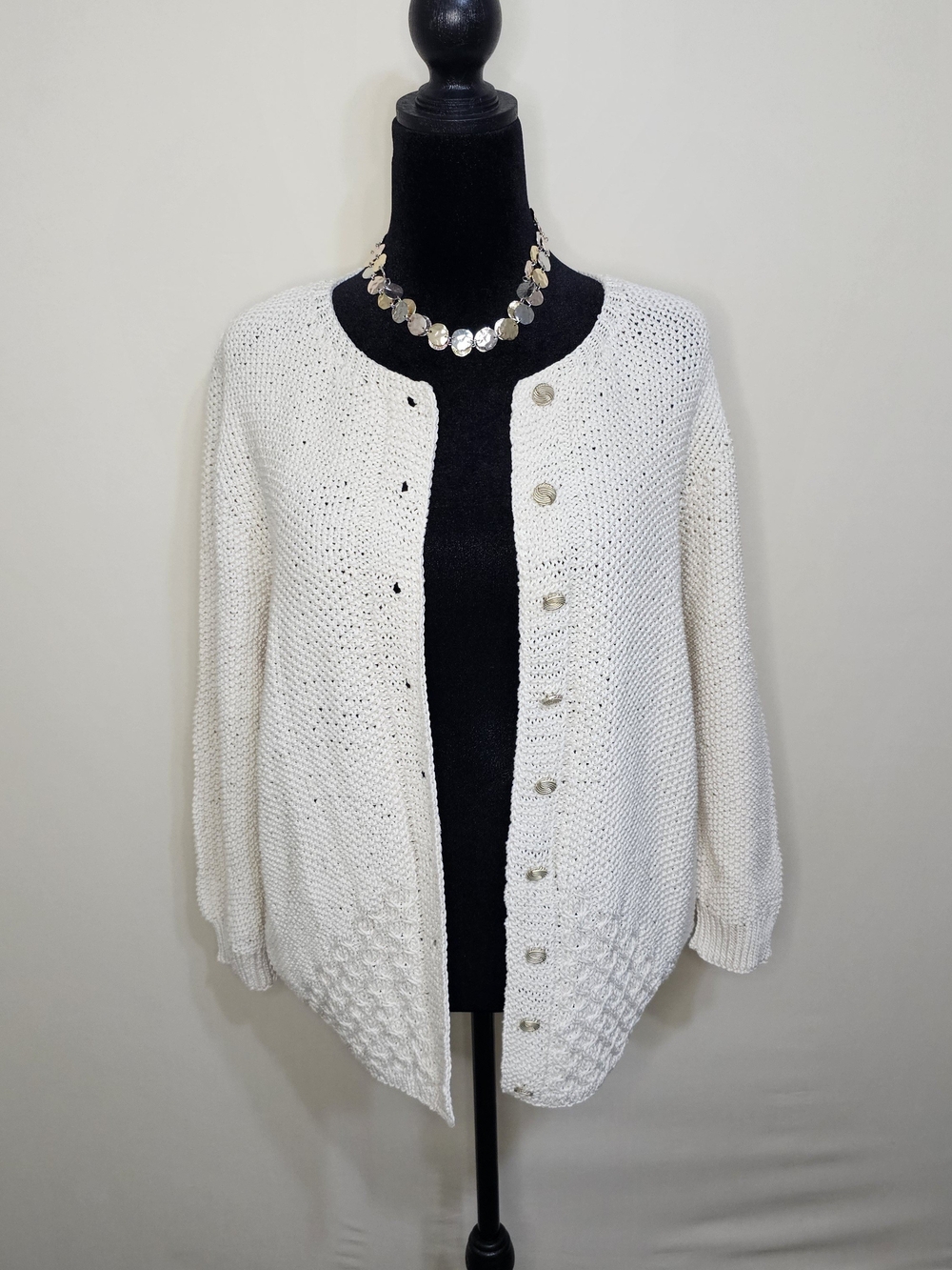Vintage Cottagecore Textured Knit Button Up Cardigan Sweater Cream Ivory